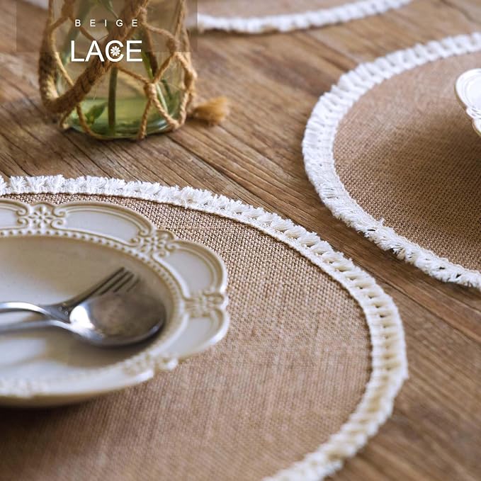 FunWheat 15 Inch Round Jute Placemats Set of 12, Braided Burlap Table Mats for Dining Table, Heat Resistant Farmhouse Woven Placemats for Fall Farmhouse Decor (Short Tassels)