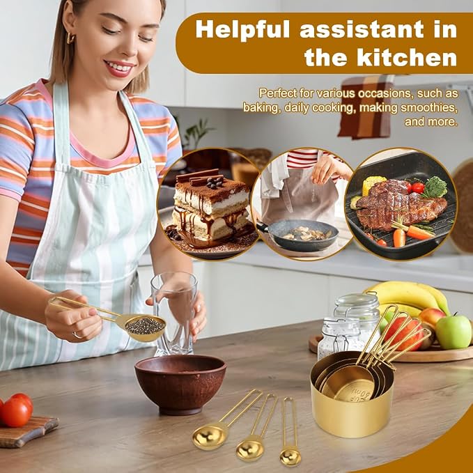 8pcs Measuring Cups and Spoons Set, Stainless Steel Measuring Cup Coffee Spoon Kitchen Gadgets, Stackable Measurin-g Cup Cooking Baking Accessories, Easy To Read(COLOR:gold)