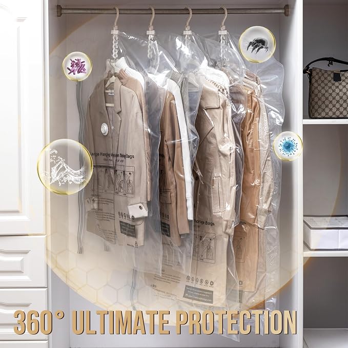 TAILI Hanging Vacuum Storage Bags for Clothes,4 Combo with Pump | Vacuum Seal Bags for Clothing Travel, Electric Pump, Winter Clothes Storage Closet Organizers, Coats, Suits and Jackets