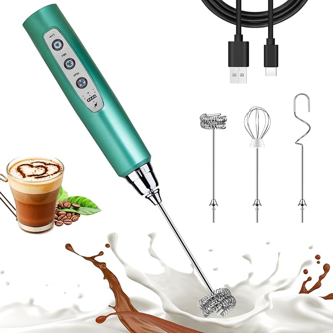 Nahida Green Milk Frother Wand for Coffee, Frother Handheld Rechargeable Electric Whisk with 3 Heads 3 Speeds Drink Mixer Coffee Frother Foam Maker For Latte, Cappuccino, Hot Chocolate, Egg