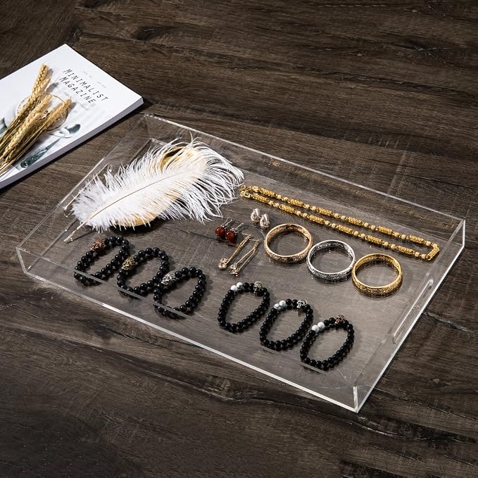 Sooyee Clear Acrylic Serving Tray, 16" x 12" | Coffee Table Trays, Plastic Tray for Living Room, Bathroom, Ottoman Coffee Table, Home Decorative Tray