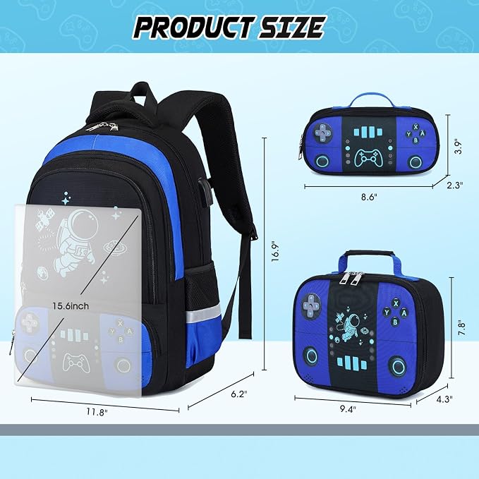 Backpack for School Boys, Cool Luminous Gamer Boys Schoolbag | with Lunch Box & Pencil Case Set for Kids Teens Elementary Middle School, Bookbag Glow In The Dark