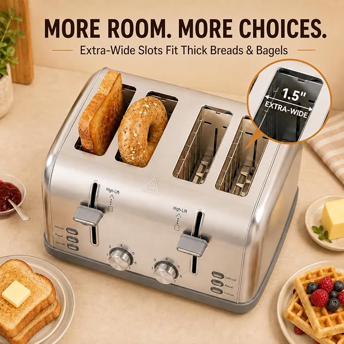 Toaster 4 Slice Retro Stainless Steel,Best Prime 4 Slice Toaster Wide Solt with 7 Shade Settings, Perfect for Waffles, Bagels and More Lainsten T-527