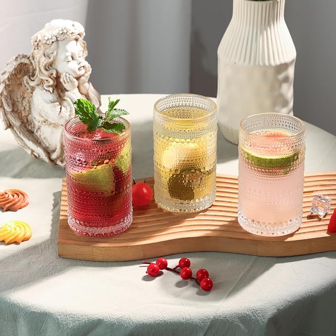 Moretoes Large 15oz Hobnail Drinking Glass Set of 12 | Clear Vintage Glassware,Embossed Glass Cups,Water Tumbler,Highball Glasses For Beer, Juice And Various Mixed Drinks