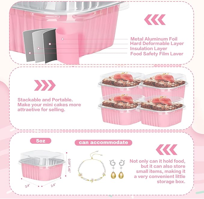 60Pack 5oz Mixcolor Mini Cake Pans with Lids Baking Cups Aluminum Foil Pans Tins, Individual Dessert Cups Containers for Sales,Party,Picnics