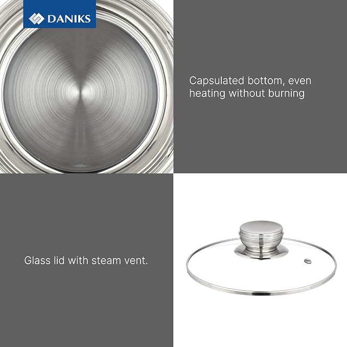 Daniks Standard 6-Piece Stainless Steel Cookware set with Glass Lid, Tri-Ply Bases for Even Heating, Induction Compatible, Dishwasher Safe, Built-In Measuring Scale, Silver