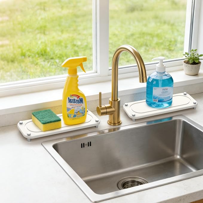 2-Pack Large Size Water Absorbing Stone Sink Caddy, Coaster | Instant dry stone tray and stone sink organizer with rust-free feet on rubber pads, free from scratches.