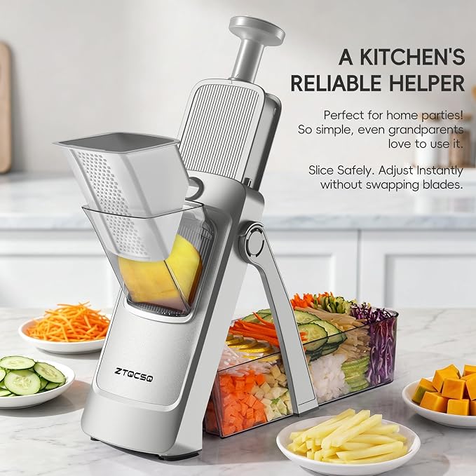 Safe Mandoline Slicer for Kitchen, Vegetable & Food Cutter, Easy to Clean | Safe Mandoline Slicer for Kitchen, Rapid Prep Veggie Slicer Cutter/Onion Slicer, Free Grater/Cleaning Brush (SliverGray)