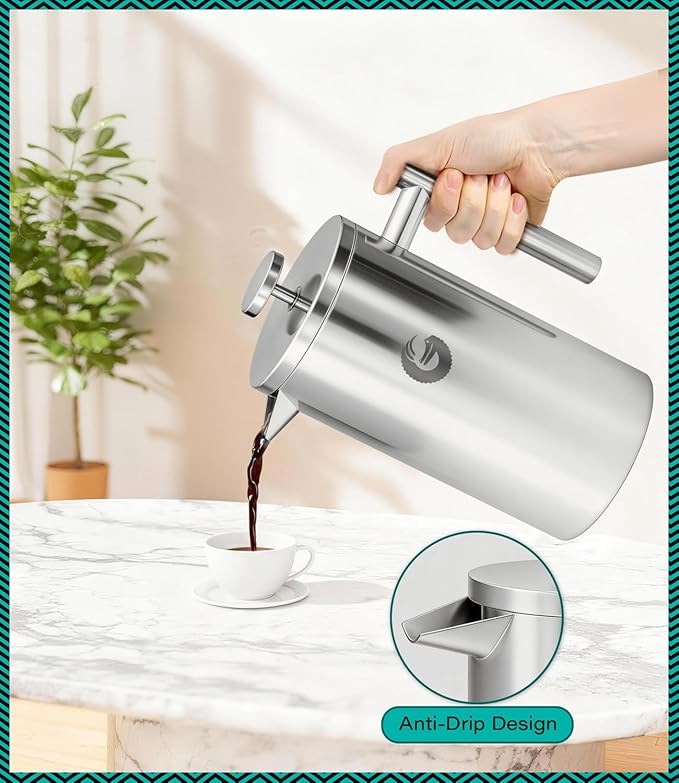 Coffee Gator French Press Coffee Maker 34 oz, Non-Toxic 100% Plastic Free, Double Wall, 4-Layer Filter, Cold Brew Cafetera Tea Pot for Kitchen Travel Camping, Gifts, Decor, Bar Accessories, Silver