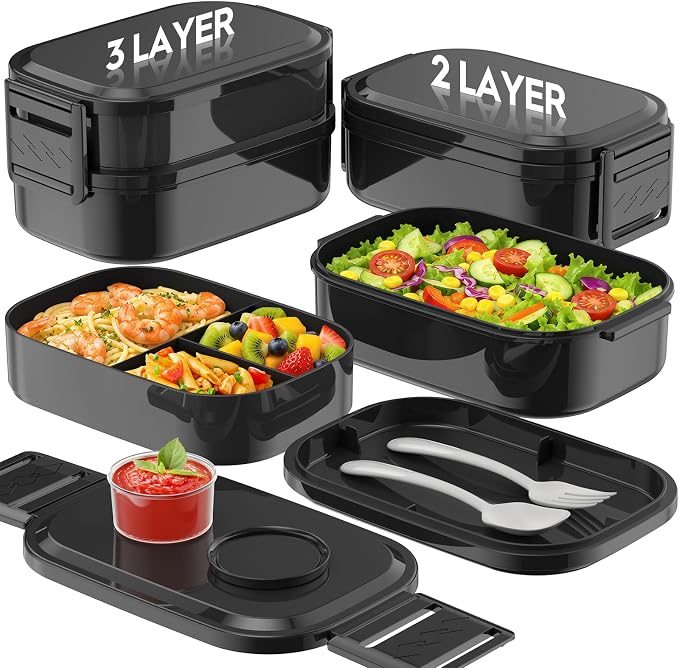 BiuLeon Bento Box Adult Lunch Box, 65 Oz Capacity Lunch Containers(Adjustable 2/3 Tier), BPA-Free, Leak-Proof and Stackable Bento Lunch Box, Microwave & Dishwasher Safe with Utensils(Black)