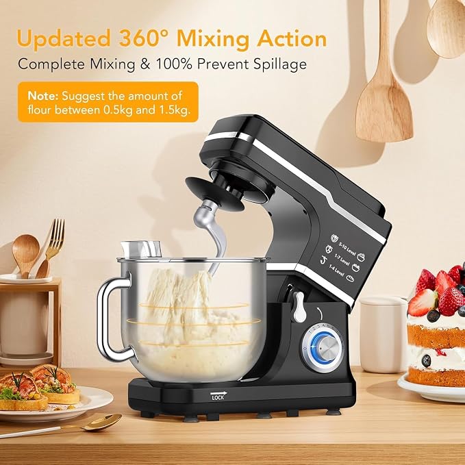 GarveeLife 7.5QT Stand Mixer, 10-Speed Tilt-Head Electric Food Mixer with Stainless Steel Bowl, 660W Motor, Dough Hook, Whisk & Beater, Compact Design for Home Baking,Black