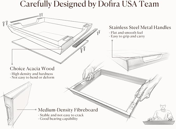 Acacia Wood Serving Tray with Metal Handle, 17x13in Tray for Ottoman | Decorative Food & Drink Tray for Coffee Table, Breakfast, Dinner, BBQ, Party, Lap, Couch, Rustic Home Decor, Elegant Gift Box