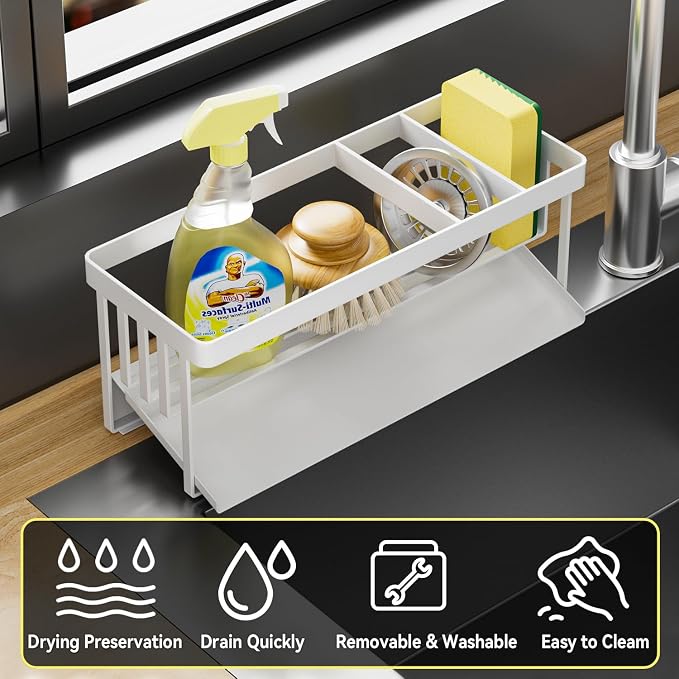 Kitchen Sink Caddy Organizer for Kitchen Countertop Organizers White | 304 Stainless Steel, Removable Drip Tray, Home Decor Accessories
