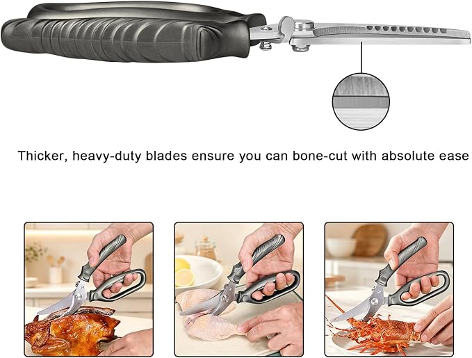 CHEN-KE Rust Resistant Heavy Duty Multipurpose Kitchen Shears-Grey | Stainless Steel Kitchen Scissors, One-Hand, Ergonomic Grip, Sharp Durable Poultry Scissors for Chicken, Meat, Food Cutting