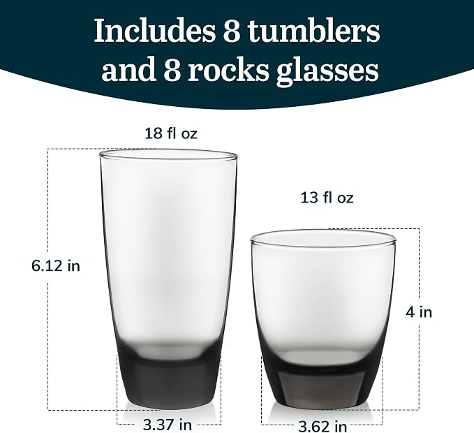 Libbey Classic Tumbler & Rocks Drinking Glasses Set of 16, Clear Glass Cups | 18 oz and 13 oz Capacities for Water, Soda, Cocktails, and More with Smoke-Tinted Bases and Dishwasher-Safe Cleanup