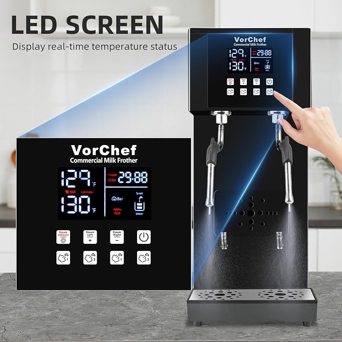 Commercial Milk Frother, 2-Wand Automatic Steam Boiling Water Machine 110V 2200W Electric Steam Milk Frothing Machine Coffee Milk Foam Machine with LED Display for Tea Coffee Shop
