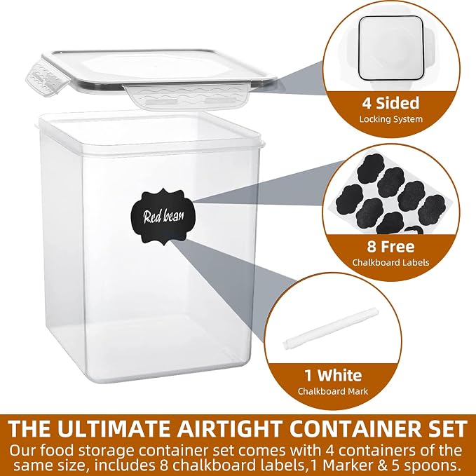 4pc 5.2L Large Airtight Plastic Canisters with Lids, Cups & Labels | 4pk 5.2L airtight containers block moisture. Stackable bins fit rice, flour and all baking pantry supplies
