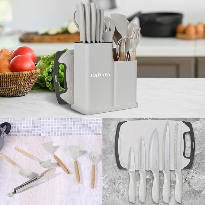 19PCS White Kitchen Cooking Utensils Set Kitchen Tools Set | 6 Stainless Steel Knives, 11 Silicone Utensils with 1 Cutting Board, Ideal for Apartment