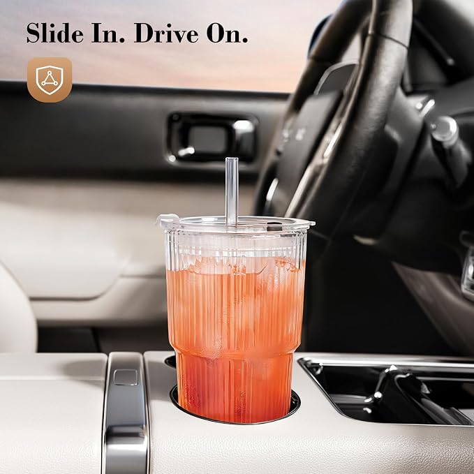 20oz Iced Coffee Cups with Lids, Ribbed Glass Cups with Lids and Straws | Thick Reusable Glass, Leak-Resistant Lids, Fits Most Car Cup Holders, For Iced Coffee, Tea, Smoothies and Cold Drinks