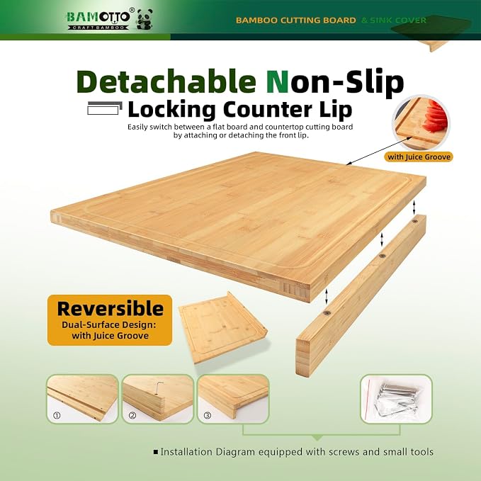 BAMOTTO CRAFTBAMBOO Bamboo Cutting Board 17.7"x15.8" for Kitchen | Detachable Front Lip for Counter Stability | Reversible Dual-Sided Juice Grooves | Sink & Stovetop Cover
