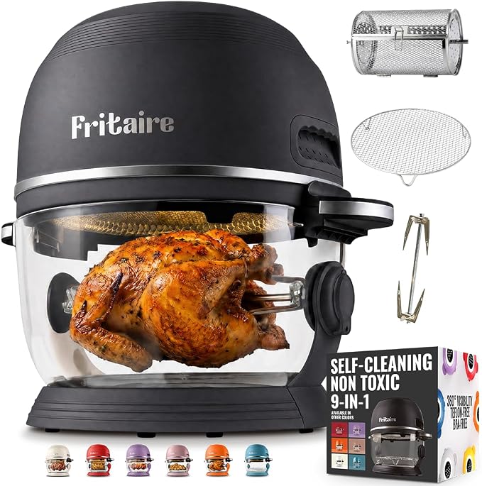Non Toxic Air Fryer™ Pro | 9-in-1 Glass Air Fryer | Self-Cleaning | 5 Quart | Rotisserie and Tumbler | 400F Vortex For Even Cooking, BPA-Free Teflon Free, Recrisp, Roast, Bake, Black