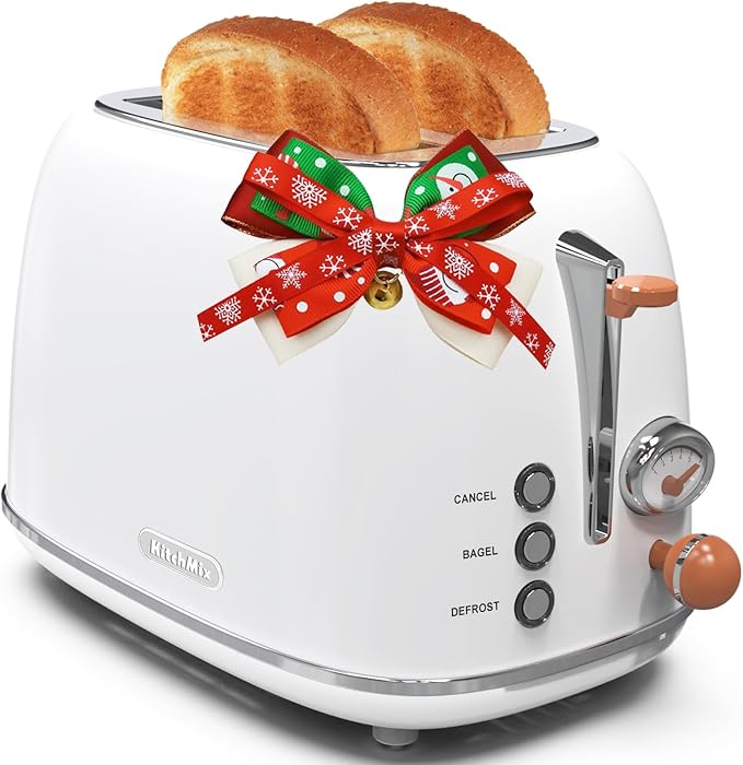 Toaster 2 slice,Retro Stainless Steel Toaster with 6 Settings, 1.5 In Extra Wide Slots, Bagel/Defrost/Cancel Function, Removable Crumb Tray (White)