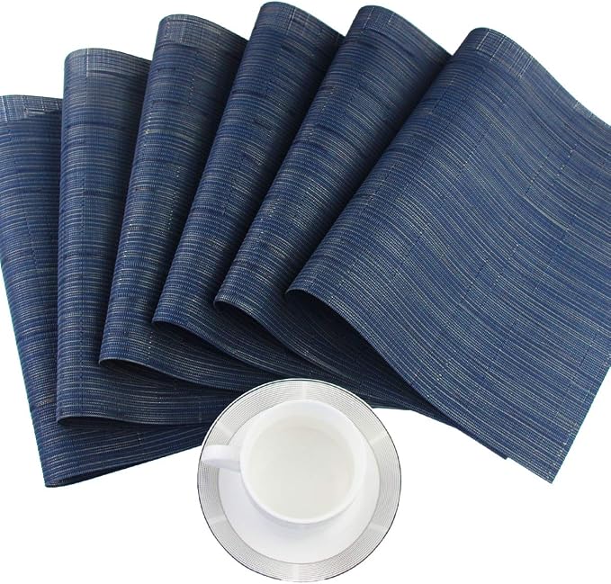 Placemat Matching with Table Runner,Cross-Weave Heat Resistant Placemat Washable Table Mats Sets(6pcs Placemats + 1 Table Runner, Navy Blue)
