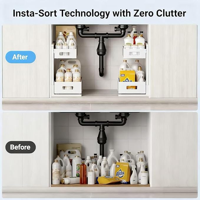 Under Sink Organizer, Adjustable Height 2 Tier Under Sink Organizers and Storage Multi-Purpose Under Sink Storage for Bathroom Kitchen