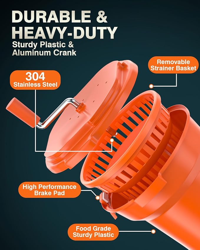 WantJoin Commercial Salad Spinner - [2.5 Gallon Salad Dryer] w/Aluminum Handle & [Draining Hose], 10Qt Manual Salad Spinner for up to 3 Heads of Lettuce Spinner Large for Catering Kitchen, Orange