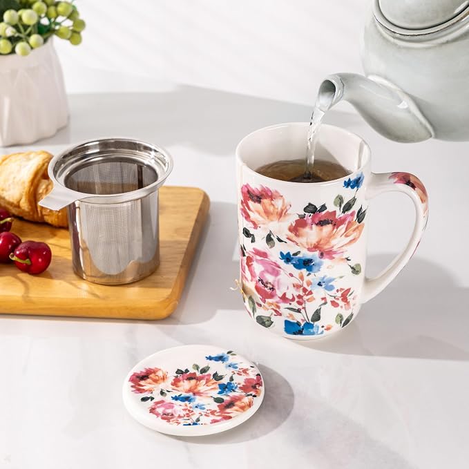 GBhome Tea Mug with Infuser and Lid,18 Ounce Ceramic Loose Leaf Cup Steeper | Lead-Free Glaze For Tea Lovers,Microwave & Dishwasher Safe with Tea Strainer