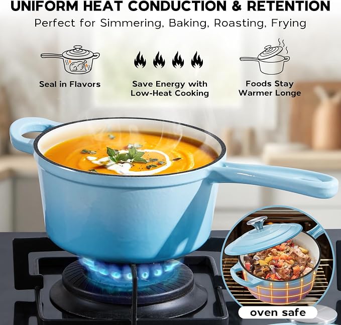 Onader 2 Quart Enameled Cast Iron Saucepan, Small Cast Iron Sauce Pan Pot for Cooking, Enamel Dutch Oven Kitchen Pot – Lake Blue