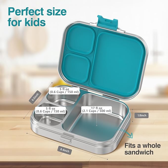 HOMEKOL Stainless Steel Bento Lunch Box 3 Compartments, 3.3 Cups, Blue | for Kids Adults, Leak-Proof Metal Lunch Container for Office School Picnic, BPA-Free, Dishwasher Safe