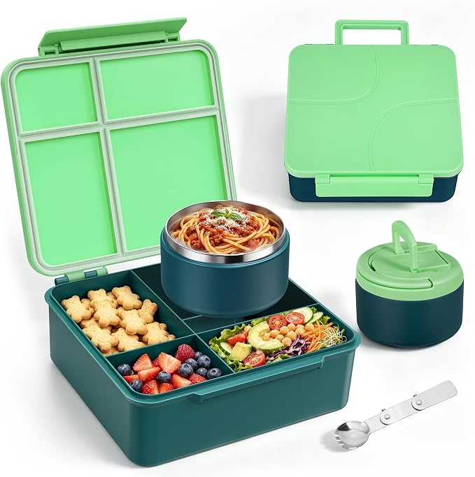 Bento Lunch Box Set for Kids with 8 oz Soup Thermo, Leakproof Hot Food Container with 4 Compartments, Insulated Food Jar for Toddler Daycare Boys Girls School - Green