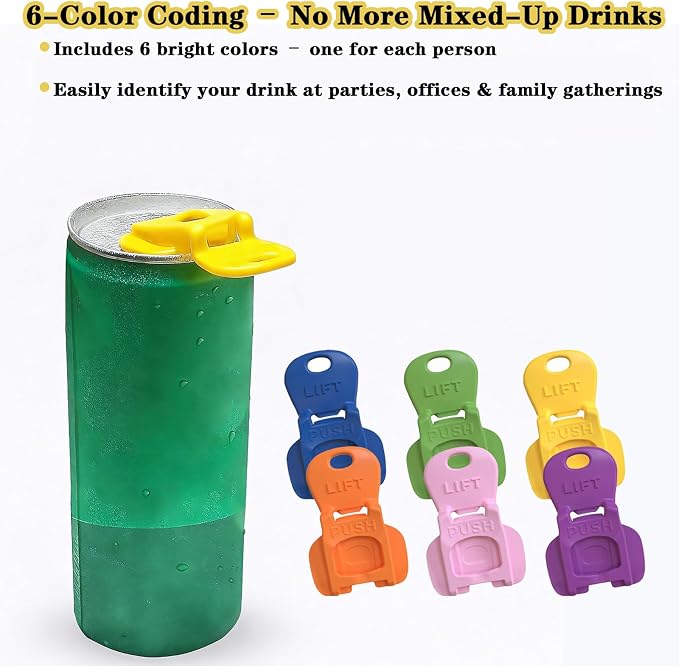 6PCS Colorful Soda Can Tab Openers & Leak-Proof Drink Covers(New model) | One-Hand Soda Can Opener and Reusable Protector Caps for Coke, Beer, Soda, and Aluminum Cans for Parties, BBQ, Camping&Travel