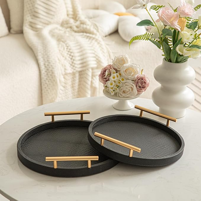 2 Piece Black Round Serving Tray with Handles, Woven-Texture Faux Leather Ottoman Tray for Living Room, Decorative Tray for Coffee Table Home Decor