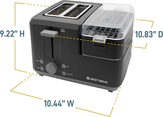 West Bend Breakfast Station 2-Slice Toaster and Egg Cooker/Poacher with Removable Pre-Cooked Meat and Vegetable Warming Tray for Perfect Breakfast Sandwiches, 1200-Watts, Black