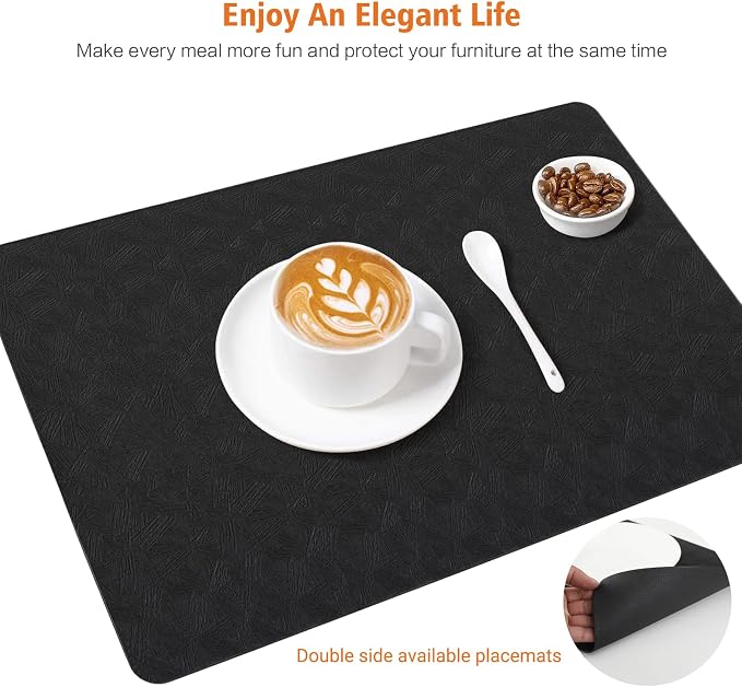Black Vinyl Placemats Set of 6 Waterproof Wipeable Table Mats | Heat Resistant Easy Clean Place Mats Faux Leather Table Mats Washable PVC Table Placemats for Dining Table