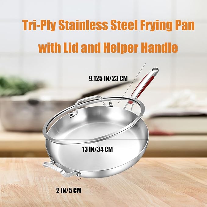 Inqibee 13 Inch Stainless Steel Frying Pan with Lid, Detachable Handle | Tri-Ply Stainless Steel Skillet, Fast & Even Heating, Stay-Cool Removable Silicone Handle, Induction Ready, Dishwasher Safe