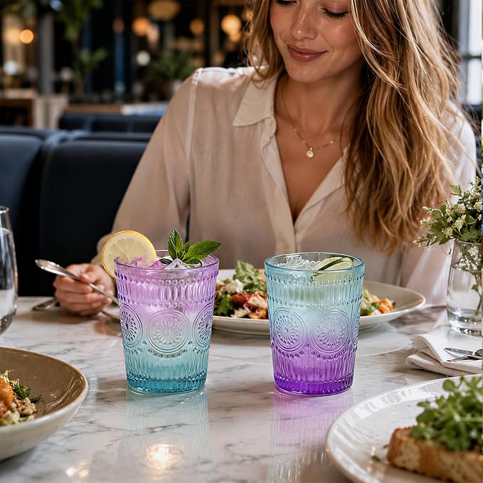 Loivttvv 12pcs Vintage Glassware Drinking Glasses Set, 12oz Highball Glasses & 9oz Embossed Ribbed Glass Cups for Cocktail, Water, Juice, Coffee (Blue & Purple)