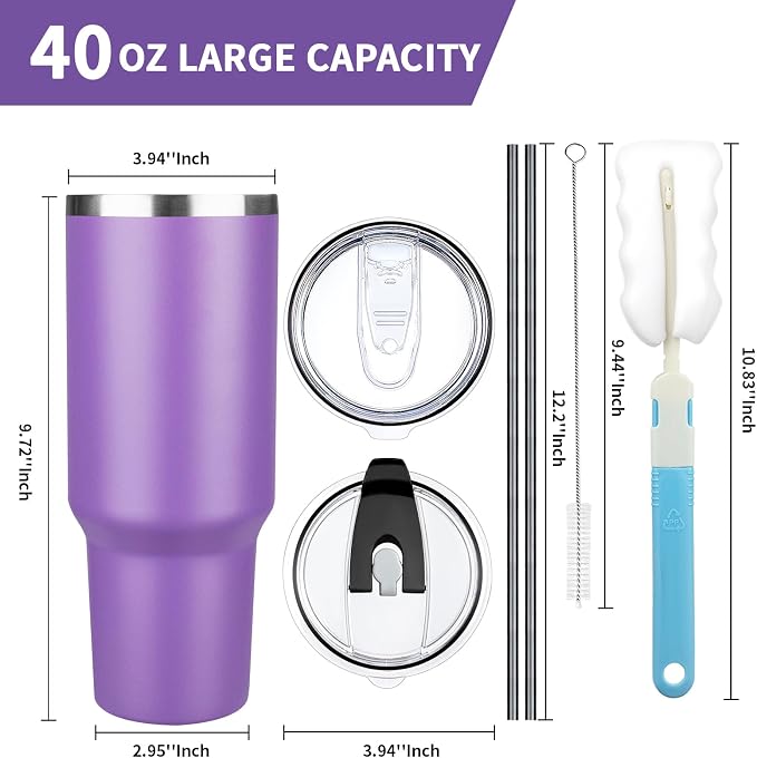 40 oz Tumbler with Lids and Straws, Stainless Steel Insulated Coffee Tumbler, Double Wall Vacuum Insulated Travel Mug Cup, Leakproof Thermal Coffee Cup for Hot and Cold Drinks (Purple)
