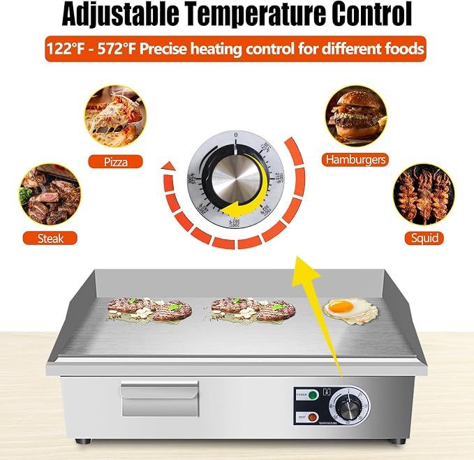22" Commercial Electric Griddle,Electric Countertop Flat Top Griddle,110V 1600W Electric Flat Top Grill,Non-Stick Restaurant Teppanyaki Stainless Steel Grill,Adjustable Temperature Control