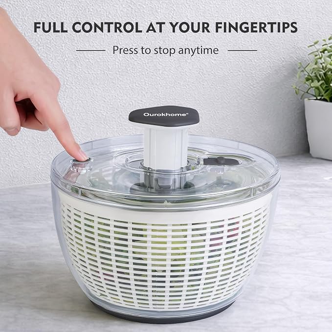 Ourokhome 6.3 QT Salad Spinner with Fully Removable Lid, Large Lettuce Dryer with One-Hand Press Pump, Instant Stop Brake Button and Retractable Handle, Vegetable Washer & Spinner for Greens and Herbs