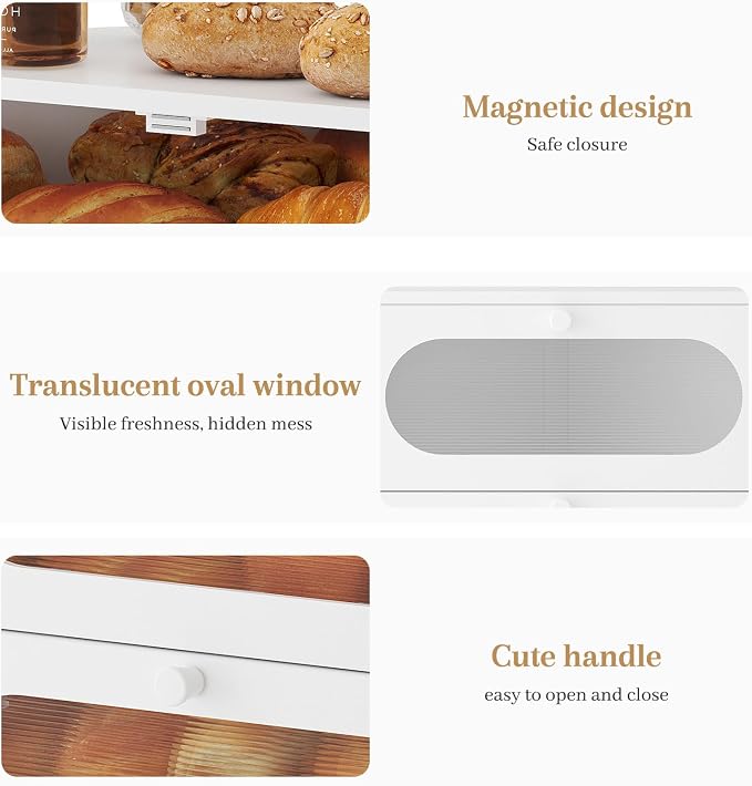 Corner Bread Box for Kitchen Countertop, 2026 New Double Layer Bamboo Bread Storage Bin, Large Bread Container for homemade bread (White)