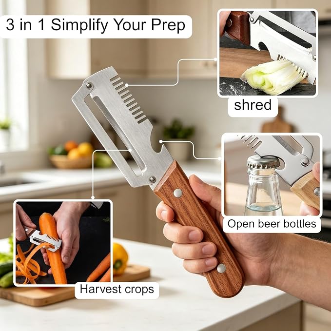 2 PCS Multi-Functional Kitchen Peeler, Professional Kitchen Tool for Chefs Fruit, 3 in 1 Multi Functional Wooden Handle Peeler and Bottle Opener, Kitchen Gadgets for Potato, Carrot, Pumpkin, Apple