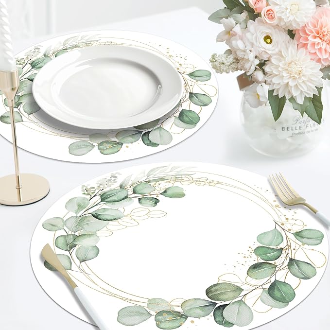 50PCS Eucalyptus & Gold Disposable Paper Placemats 13.5 Inch Summer Round Eucalyptus Leaves Table Mats for Wedding Anniversary Bride Party Supplies
