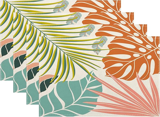 Palm Leaf Placemats Set of 4, Green Blue Coral Tropical Leaf Decorative Table Mat 12 x 18 Inch Heat Resistant Non Slip Line Fabric Summer Place mat for Holiday Party Kitchen Dining Decor