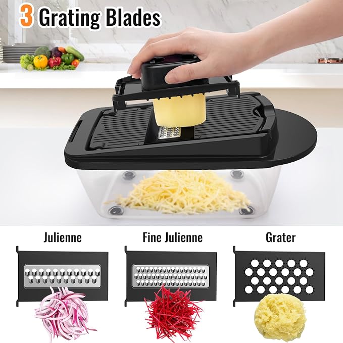 8 Blade All-in-1 Vegetable Chopper Mandoline Slicer with Container, Black | Food Chopper, Onion Chopper, Veggie Cutter for Salad, Kitchen Gadgets Accessories Essentials