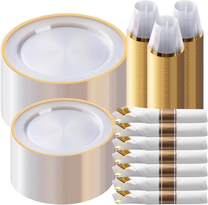 350 Piece Clear Gold Disposable Plastic Dinnerware Sets for Party | Plastic Silverware for 50, Include: 100 Plastic Plates, 50 Pre Rolled Napkins with Cutlery Sets, 50 Cups for Party