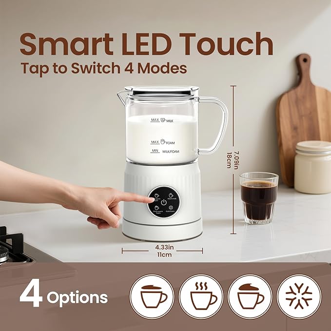 4-in-1 Electric Milk Frother and Steamer for Whole Milk, LED Touch Screen | Cold and Warm Foam Maker, Ceramic-Coated, 13.52oz for Lattes, Cappuccinos and Hot Chocolate, Auto Shut-Off, Cream White