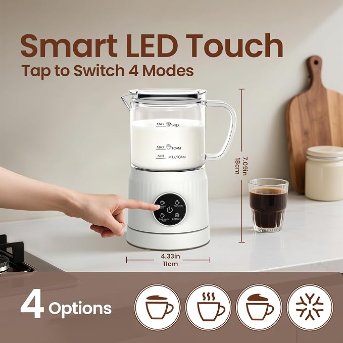 Casimhu 4-in-1 Milk Frother, Electric Milk Frother and Steamer with LED Touch Screen, Ceramic Lining Bottom, Milk Warmer 13.52oz for Lattes, Cappuccinos, and Macchiatos at Home (Cream White)